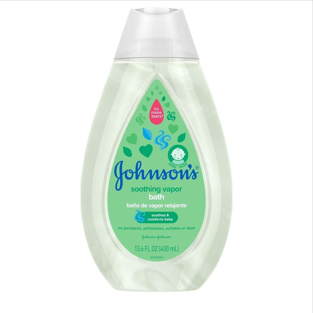 Johnsons Baby soothing vapor bath, 13.6 fl oz bottle, no parabens or dyes, with eucalyptus and menthol scent.