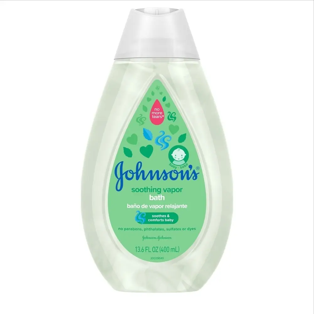 Johnsons Baby soothing vapor bath, 13.6 fl oz bottle, no parabens or dyes, with eucalyptus and menthol scent.