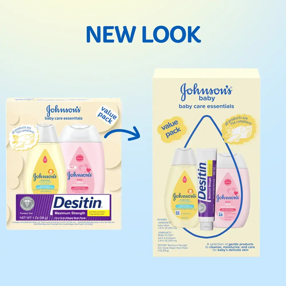 Comparison of Johnson's Baby care essentials packaging, showcasing the new look for the value pack set.