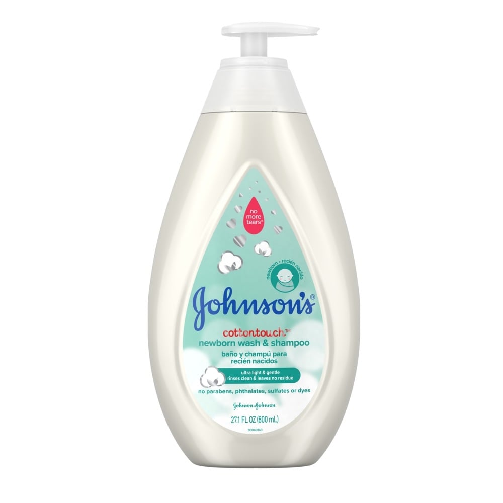 Johnson’s CottonTouch newborn wash and shampoo bottle, 27.1 fl oz, hypoallergenic, free from parabens, phthalates, sulfates, and dyes.