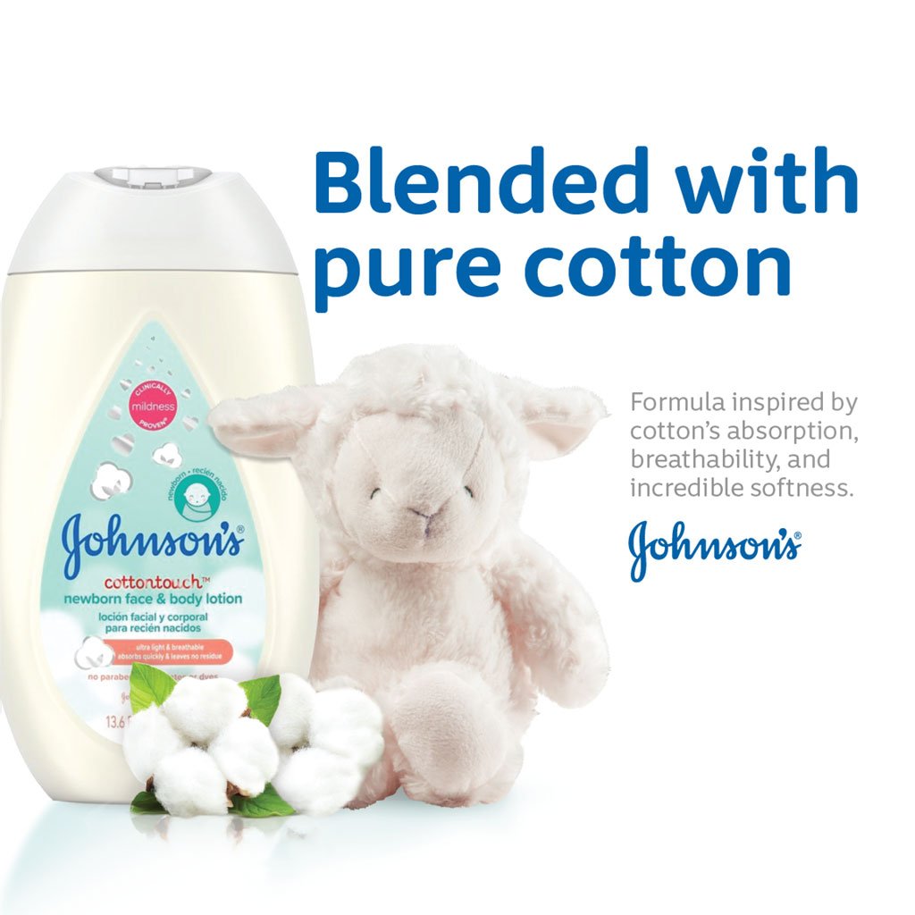 Johnson's Cottontouch lotion bottle with a plush lamb and cotton flowers, highlighting its blend with pure cotton for newborn skin care.