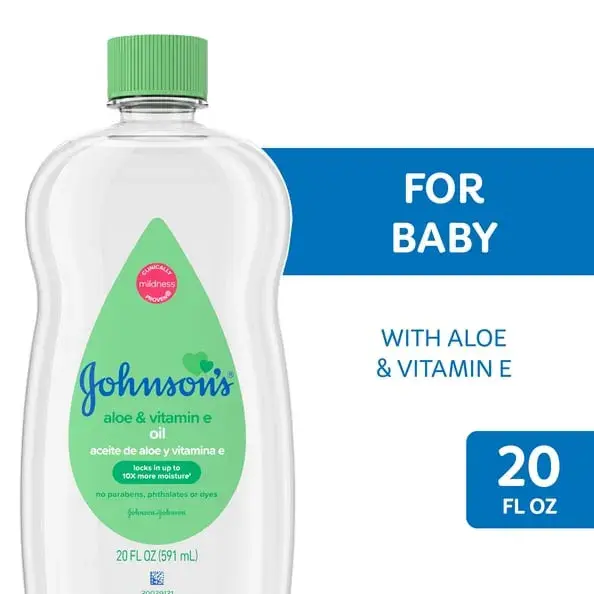 Front view of a clear bottle of Johnson's baby oil with Aloe and Vitamin E, labeled as suitable for baby, 20 FL OZ.