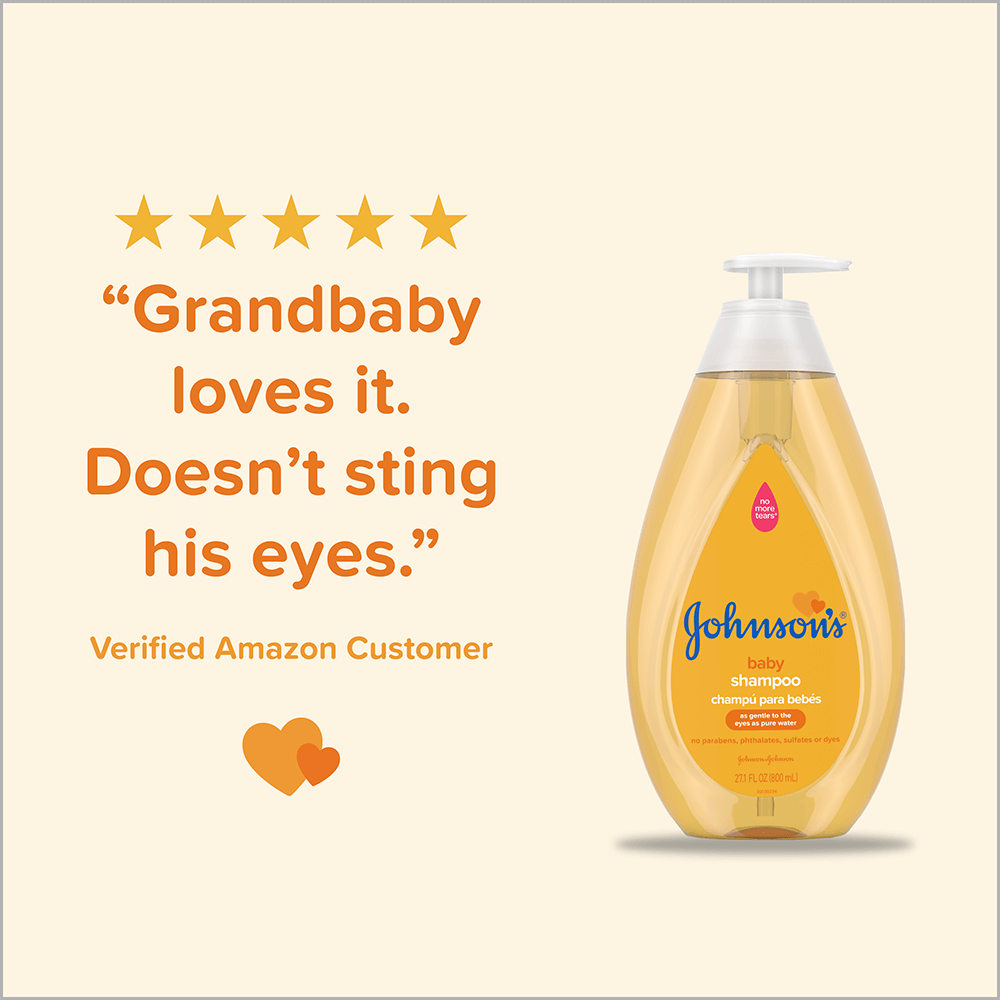 Johnson's baby shampoo with five-star rating and quote: 'Grandbaby loves it. Doesn’t sting his eyes.' from a verified Amazon customer.