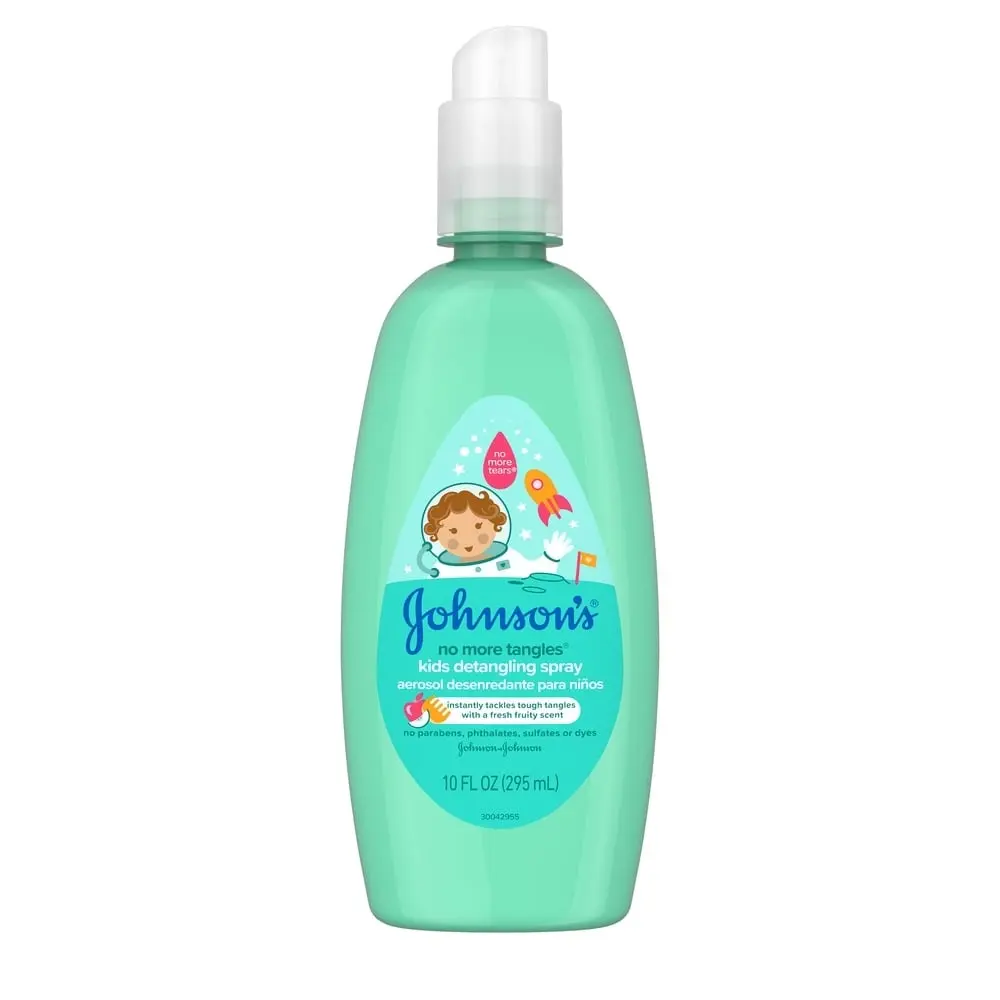 Johnsons Baby No More Tangles kids detangling spray, 10 fl oz (295 mL) bottle with a green label and a cartoon child, designed for easy hair detangling.