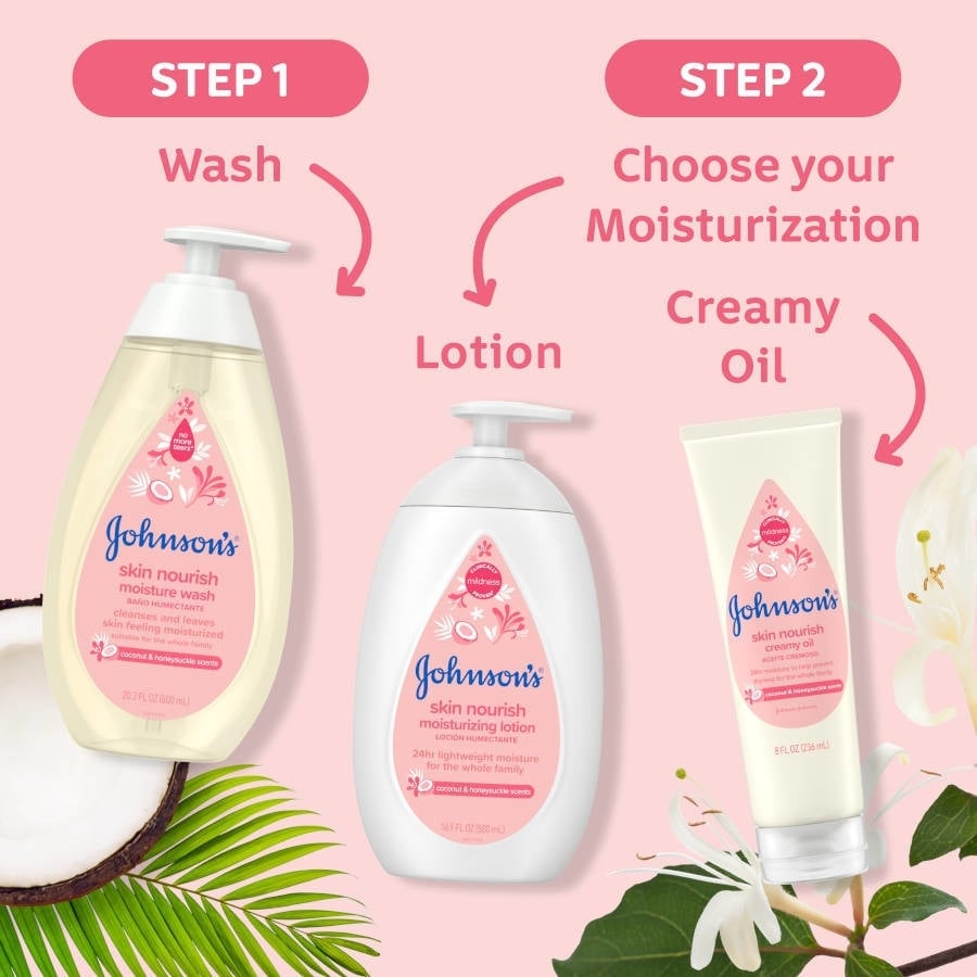 wash and moisturize with johnson’s baby skin nourish wash, moisturize lotion and oil