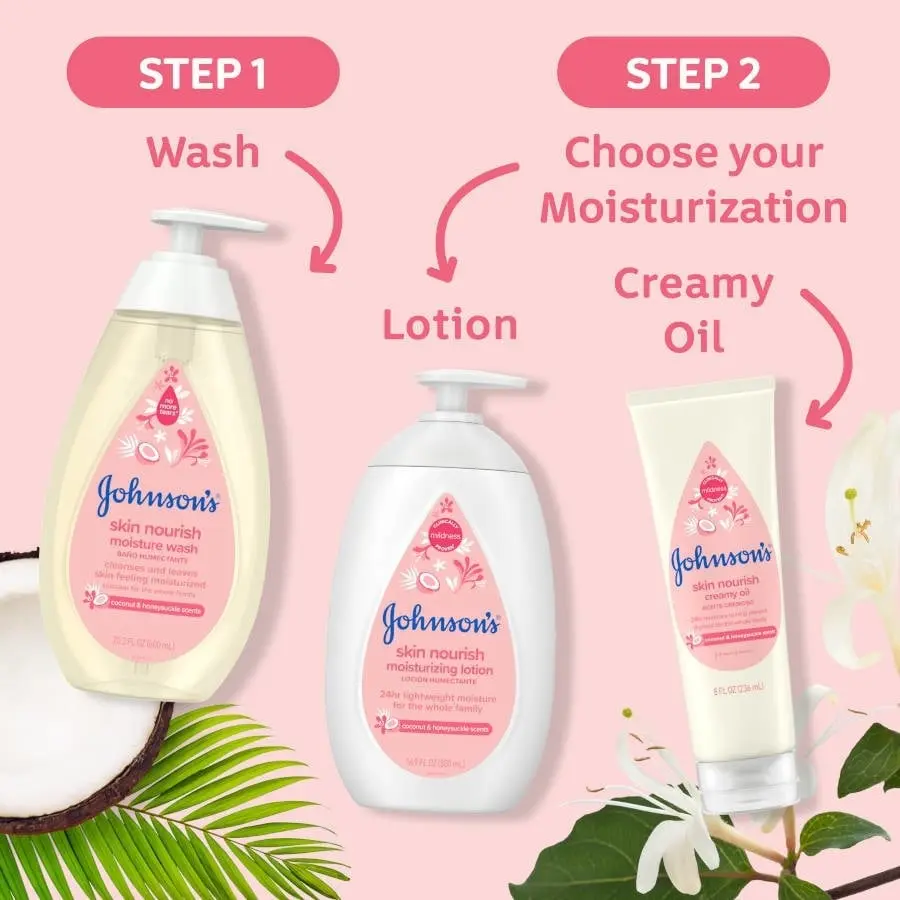 wash and moisturize with johnson’s baby skin nourish wash, moisturize lotion and oil