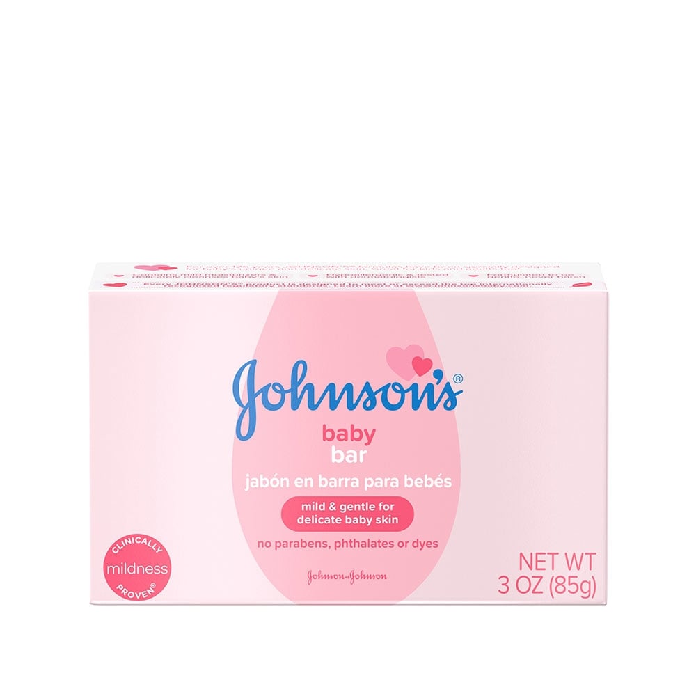 Johnson's baby bar soap, 3 oz (85g), mild and gentle for delicate baby skin, free from parabens, phthalates, and dyes.