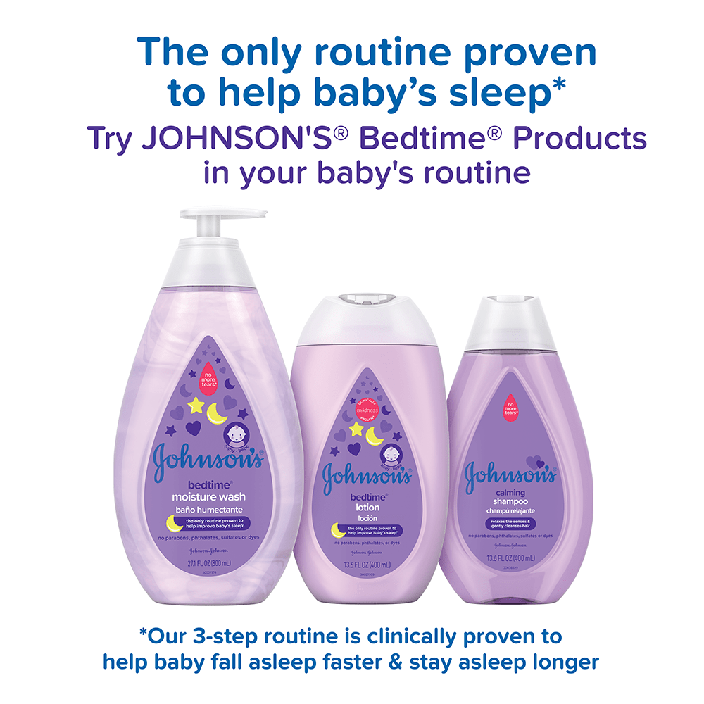 Johnson's Bedtime products moisture wash, lotion, and shampoo, with text: 'The only routine proven to help baby's sleep. Our 3-step routine is clinically proven to help baby fall asleep faster & stay asleep longer'. Try in your baby's routine.