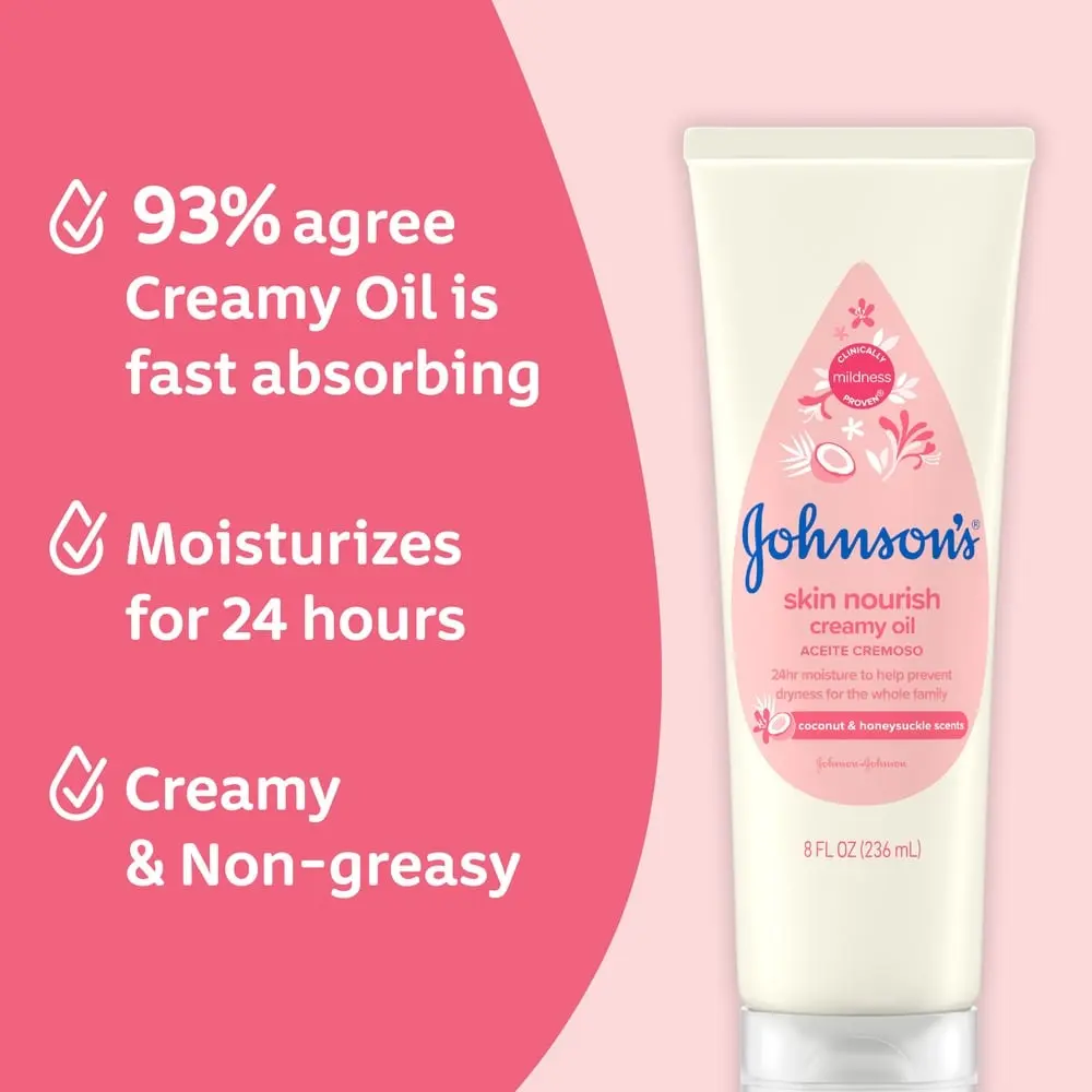 A white tube labeled "Johnson's Skin Nourish Creamy Oil" with coconut and honeysuckle scents sits against a pink background with text: "93% agree Creamy Oil is fast absorbing, Moisturizes for 24 hours, Creamy & Non-greasy."