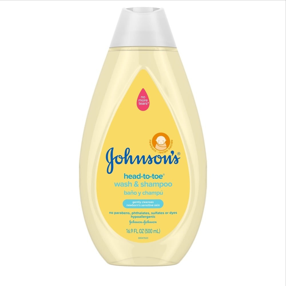 Bottle of Johnson's Baby head-to-toe wash & shampoo, 16.9 FL OZ (500 mL), yellow with white cap, labeled as gentle for newborns, hypoallergenic, and free of parabens, phthalates, sulfates, or dyes. Features a pink "no more tears" badge.