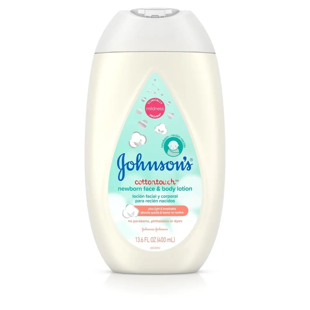 Johnson's Cotton Touch newborn face and body lotion, 13.6 fl oz bottle, with mildness and no parabens, phthalates, or dyes.