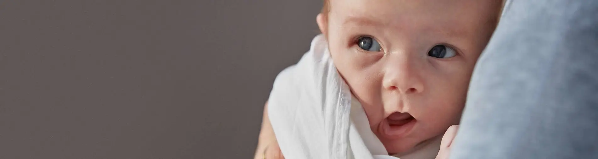 A baby wrapped in a white blanket is held in someone's arms, gazing curiously to the side with a neutral grey background.