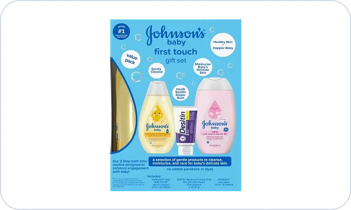 Gift Sets card image, featuring JOHNSON’S® Baby first touch gift set