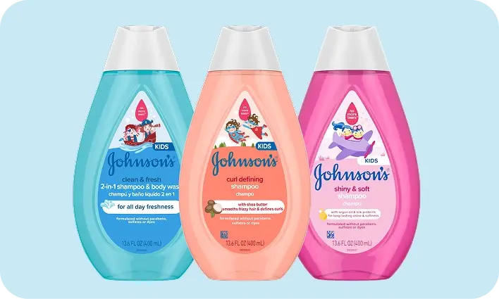 Kids hair care products card image, featuring JOHNSON’S® Kids hair care lineup