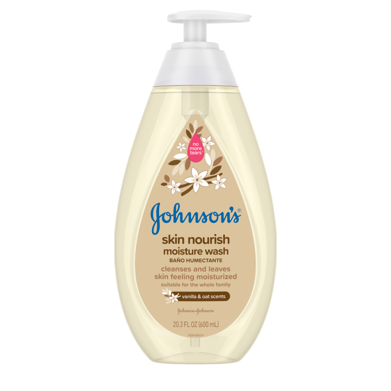 Johnson's Baby skin nourish moisture wash with vanilla and oat scents, 20.3 fl oz bottle, cleanses and leaves skin feeling moisturized, suitable for the whole family.