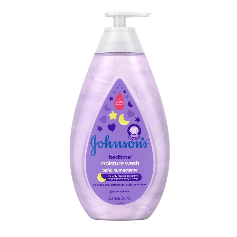 Johnson's Bedtime Moisture Wash, 27.1 fl oz bottle, with no parabens, phthalates, sulfates, or dyes, clinically proven mildness.