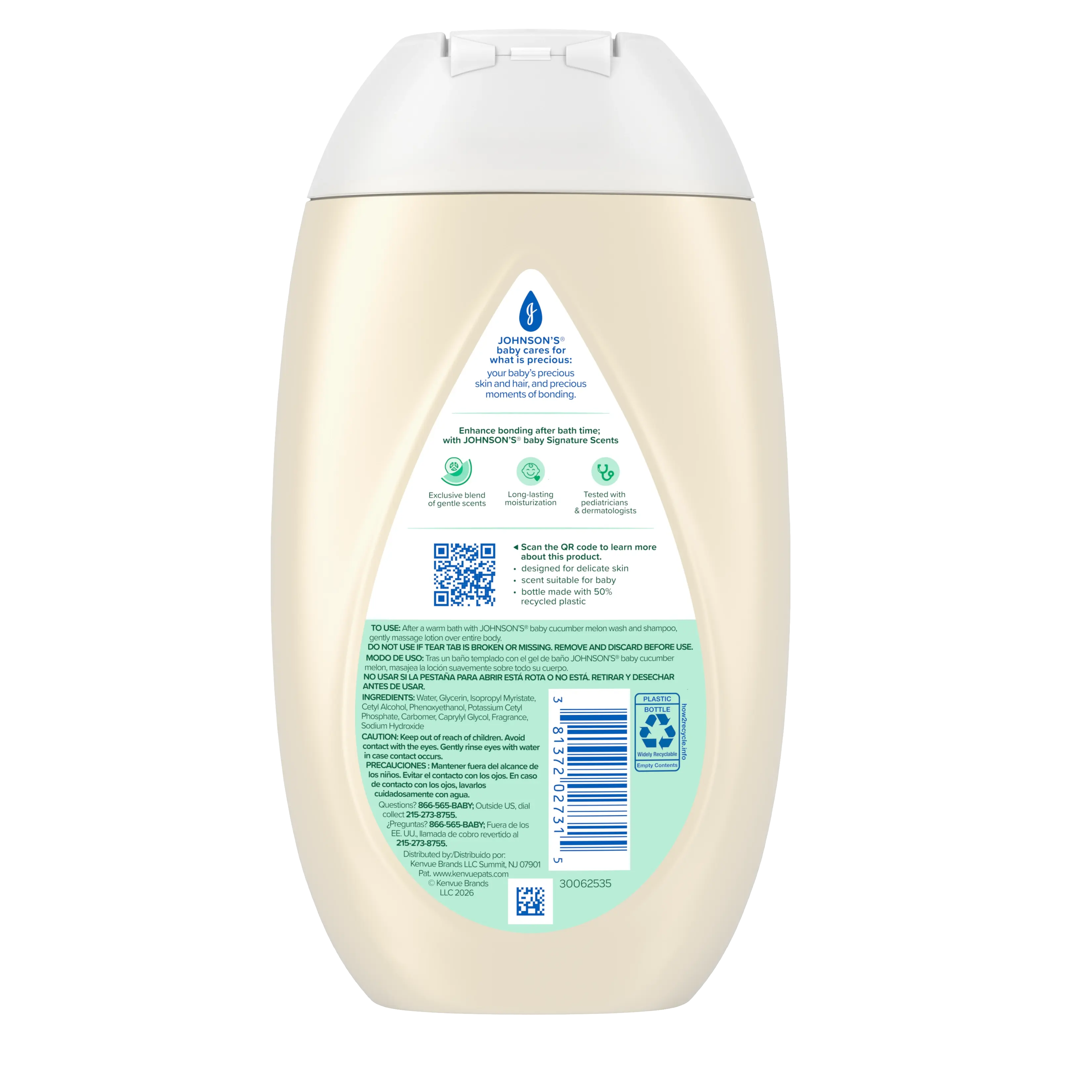  Back of Pack Shot JOHNSON’S® Baby Lotion, Cucumber Melon Scent, 13.6oz