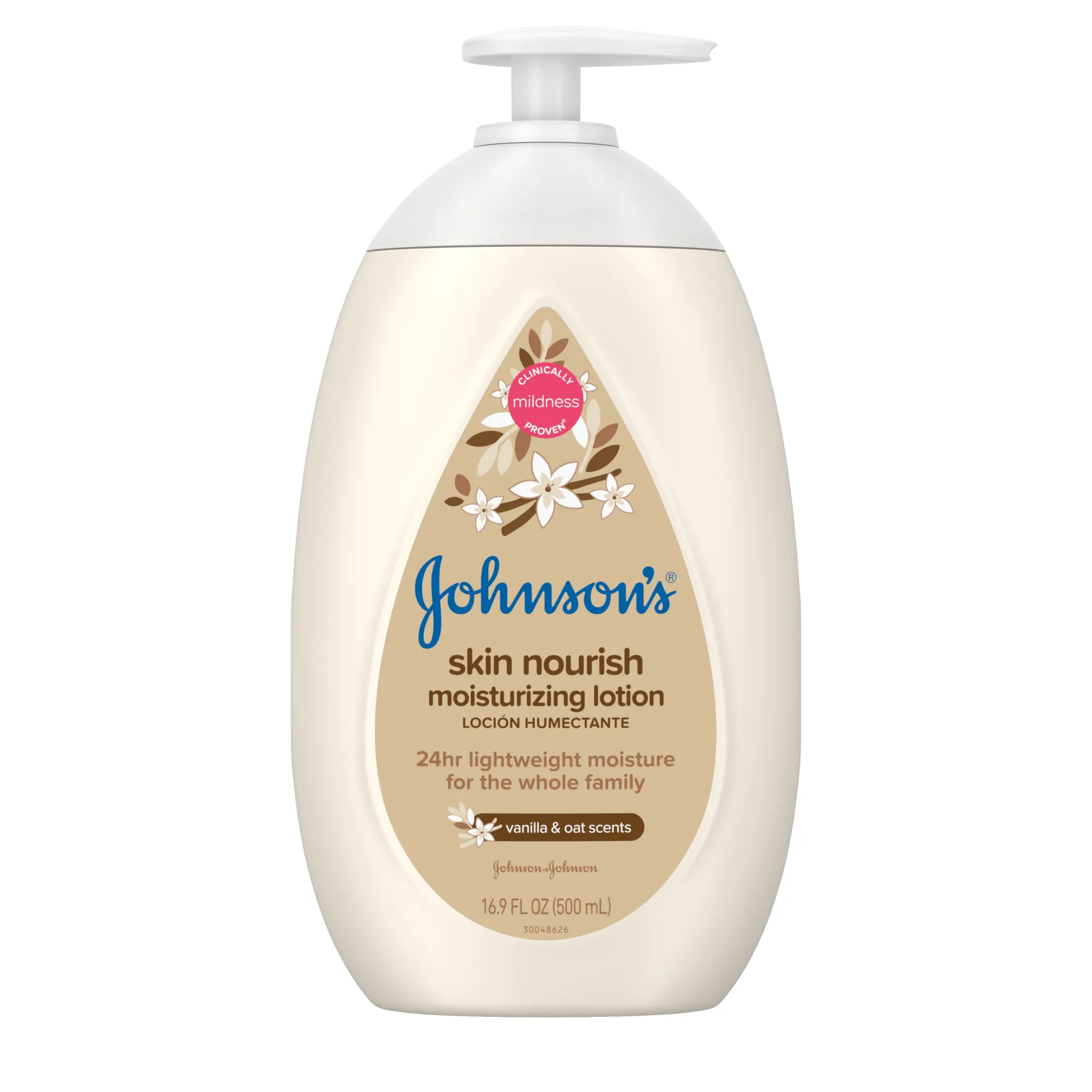 Johnsons Baby skin nourish moisturizing lotion, 16.9 FL OZ (500 ml), cream bottle with a pump, featuring vanilla and oat scents, labeled as providing 24-hour lightweight moisture for the whole family.