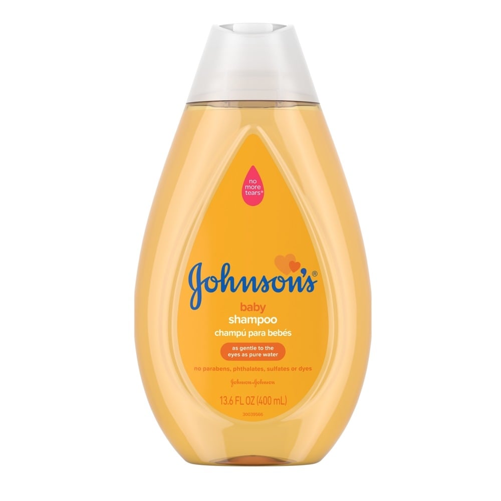 Johnson's baby shampoo bottle labeled 'No More Tears' with 13.6 FL OZ (400 mL) capacity, stating it contains no parabens, phthalates, sulfates, or dyes.