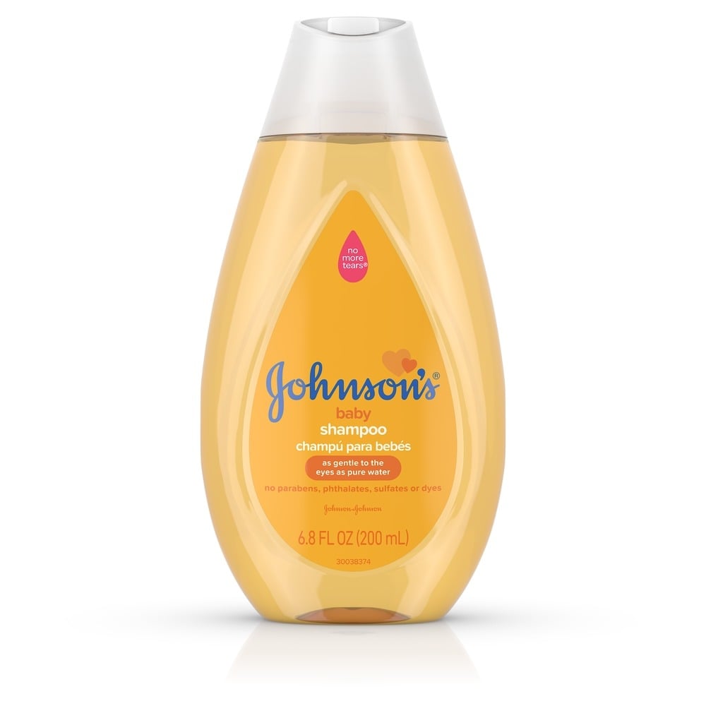 Johnson's baby shampoo bottle labeled 'No More Tears' with 6.8 FL OZ (200 mL) capacity, stating it contains no parabens, phthalates, sulfates, or dyes.