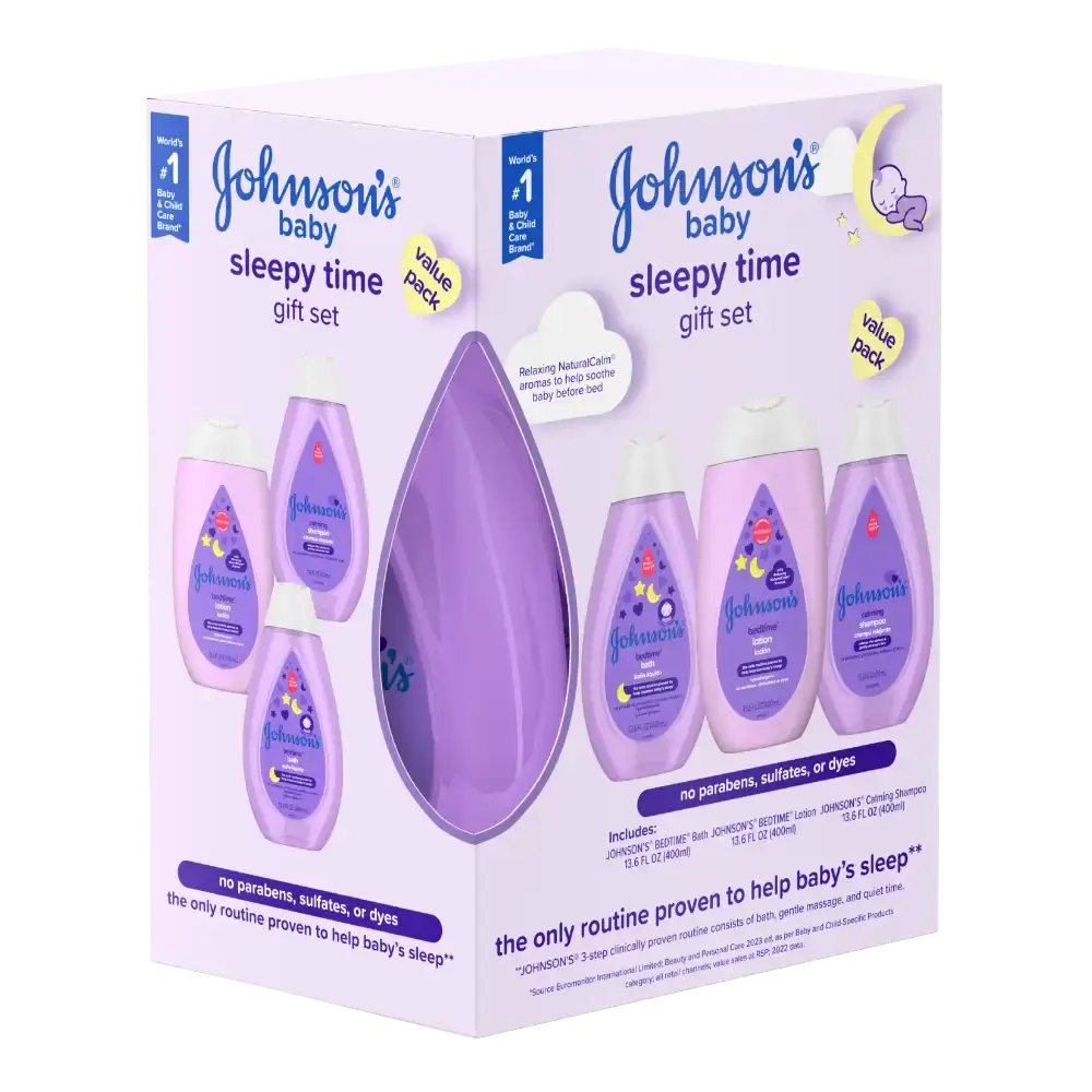 Johnson's baby sleepy time gift set (new look): A 3-step routine (bath, lotion, shampoo) in a convenient caddy. Clinically proven to help baby sleep and formulated without parabens, sulfates, or dyes.