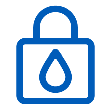 Blue icon of a padlock with a water droplet in the center, symbolizing protection and care for sensitive skin.