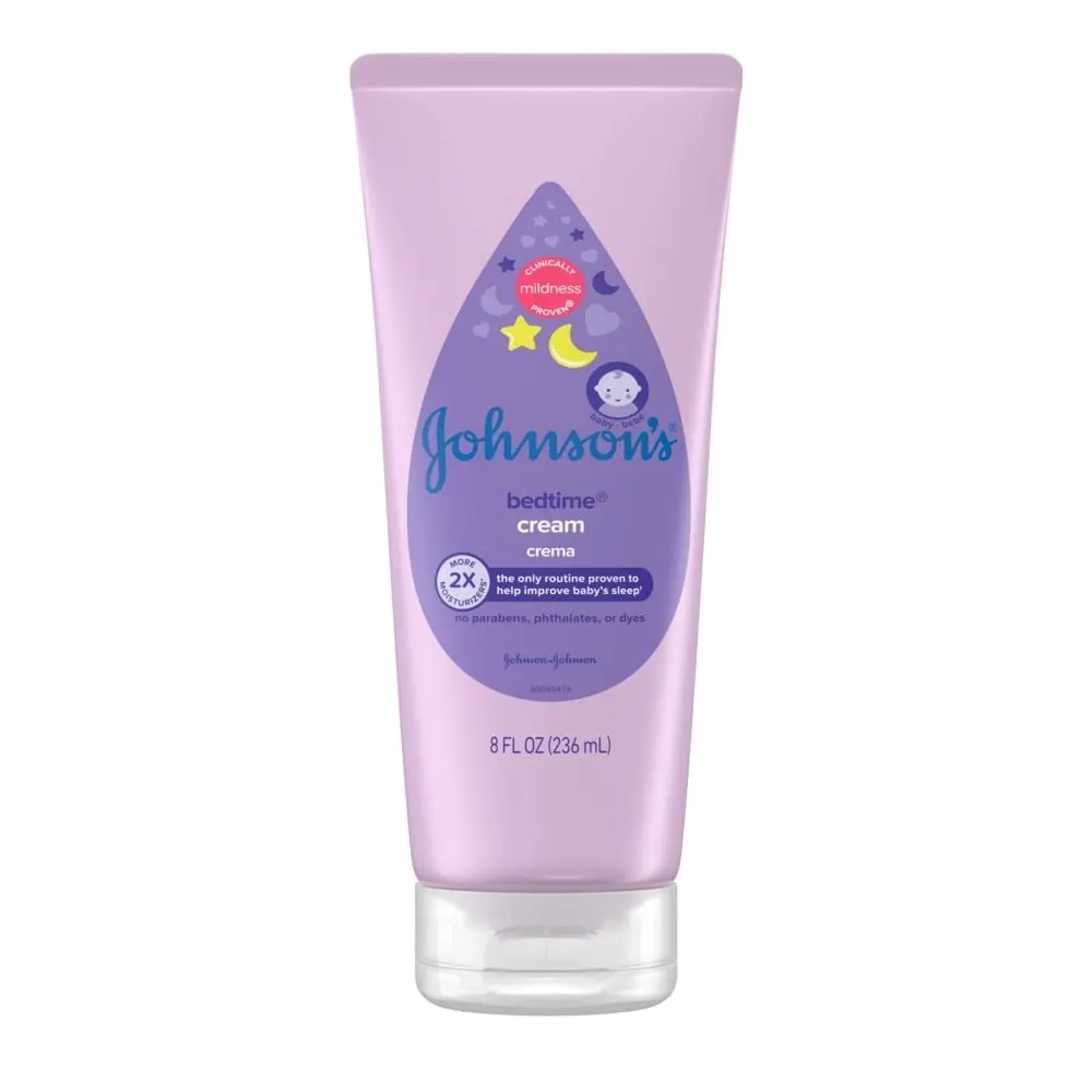 Johnson's Baby Bedtime Cream, 8 FL OZ (236 mL), purple tube with moon and stars, clinically proven to help improve baby’s sleep.