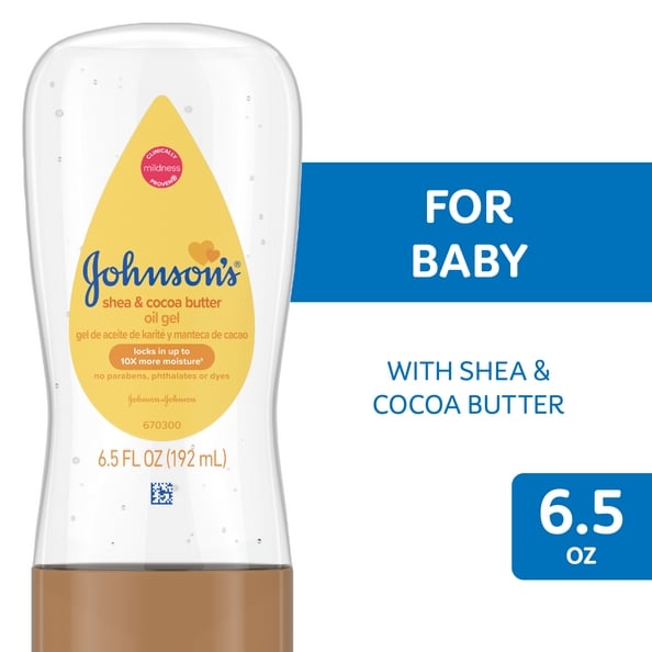 Johnson’s Shea & Cocoa Butter oil gel bottle, 6.5 fl oz, for baby, with shea and cocoa butter, providing up to 10x more moisture.