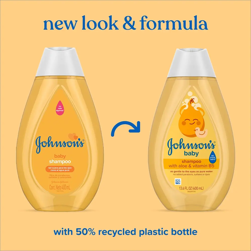 Before-and-after of Johnson's baby shampoo bottles, new packaging design and improved formula