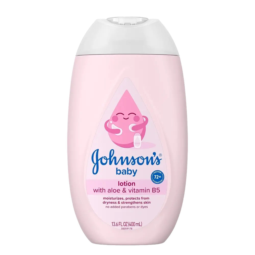  Johnson's baby lotion bottle with a pink base, white cap, and Johnson's logo. The label advertises 72-hour hydration and features aloe and vitamin B5.