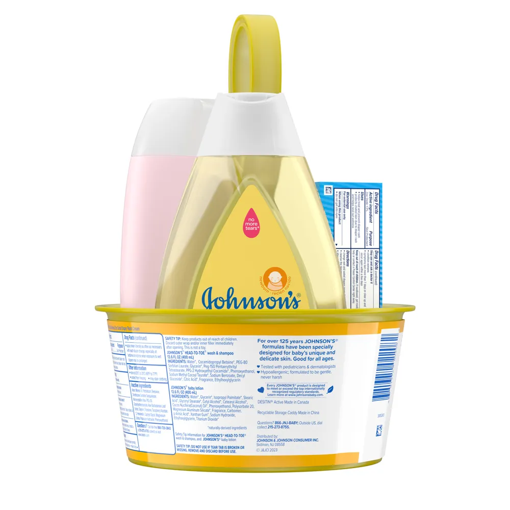 Back view of Johnson's Baby First Touch Baby Gift Set including yellow baby shampoo and pink baby lotion in a yellow plastic holder with product labels visible.