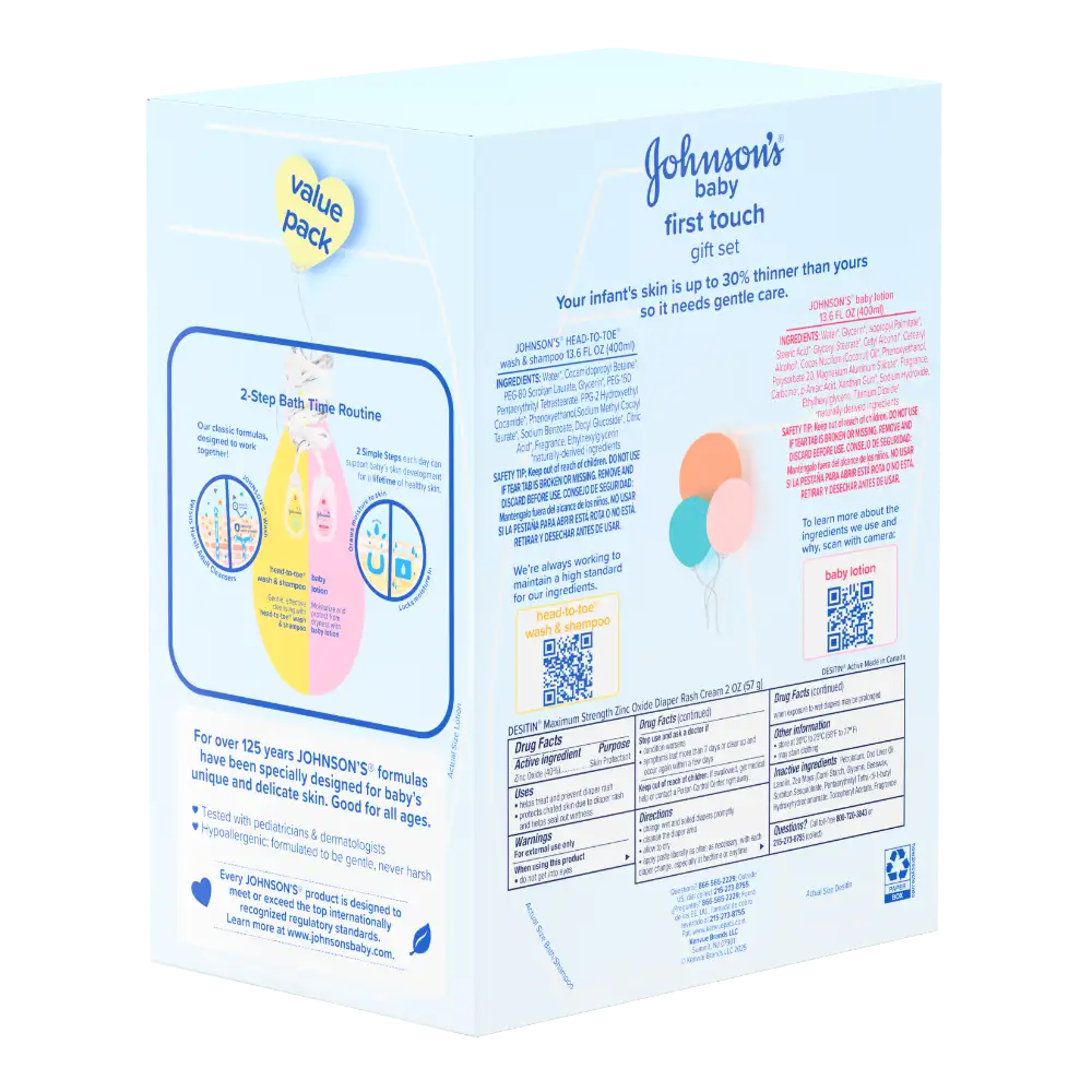 Side view of Johnson's Baby First Touch Gift Set highlighting the 2-Step Bath Time Routine and featuring Head-to-Toe Wash & Shampoo and Baby Lotion.