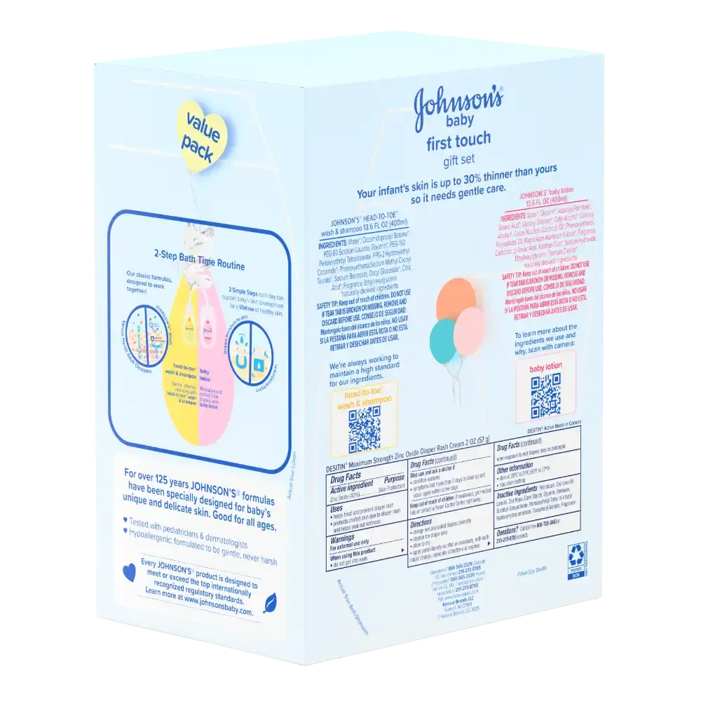 Side view of Johnson's Baby First Touch Gift Set highlighting the 2-Step Bath Time Routine and featuring Head-to-Toe Wash & Shampoo and Baby Lotion.
