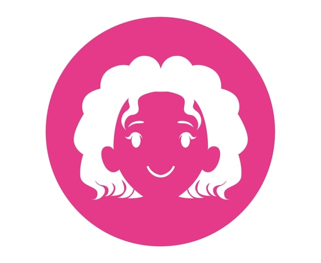 Rostro blanco y estilizado de una niña con cabello rizado, sonriendo dentro de un fondo circular de color rosa brillante.