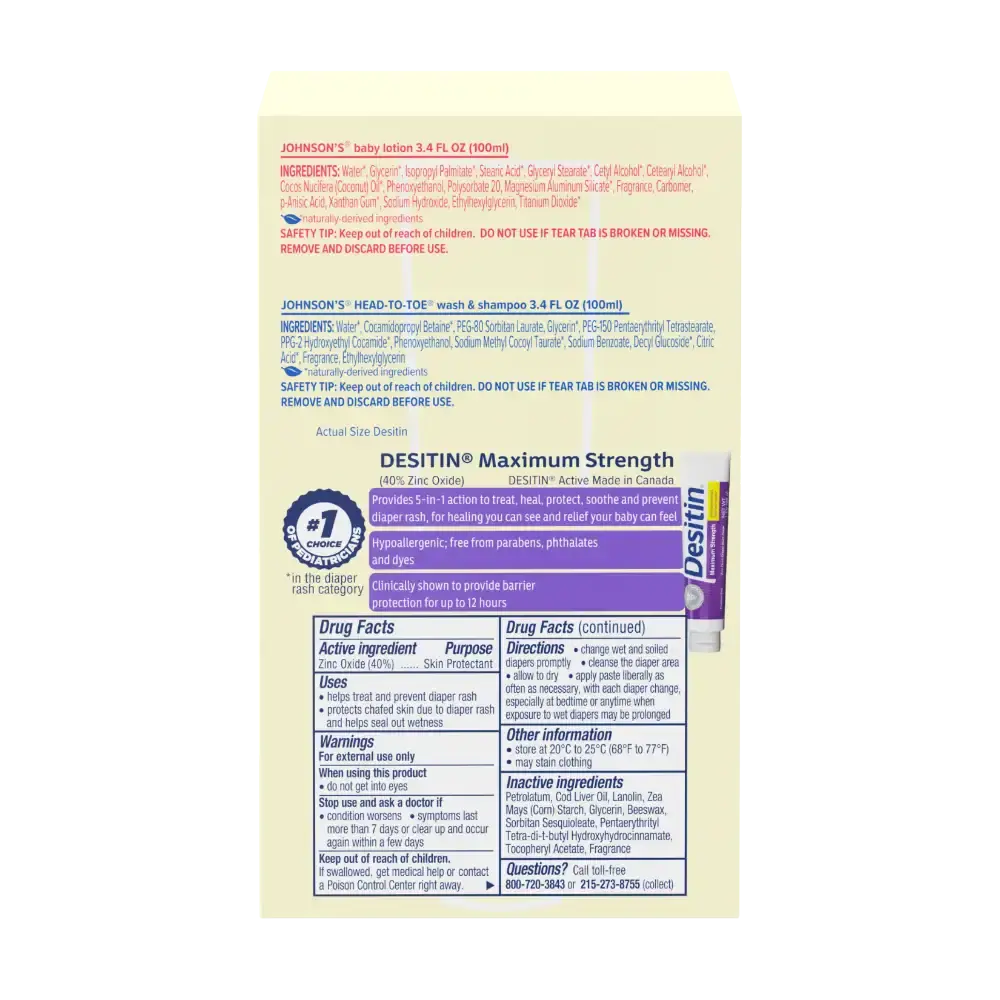 Ingredients and usage details for Johnson's Baby lotion and Head-to-Toe wash, featuring Desitin maximum strength.