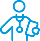 Blue icon of a healthcare professional holding a clipboard, symbolizing access to quality care and the support provided by nurses and midwives.