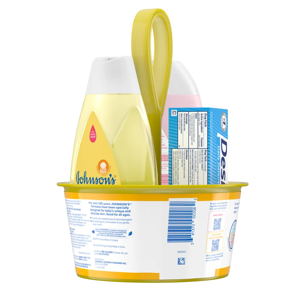 Side view of Johnson's Baby First Touch Baby Gift Set including yellow baby shampoo and pink baby lotion in a yellow plastic holder with product labels visible.