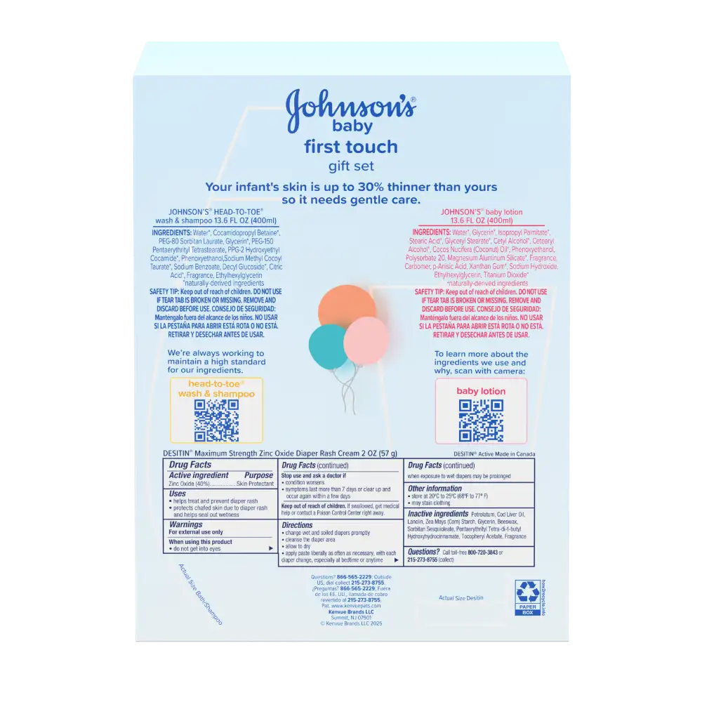 Back of Johnson's Baby First Touch Gift Set showing ingredient details and safety information for Head-to-Toe Wash & Shampoo and Baby Lotion.