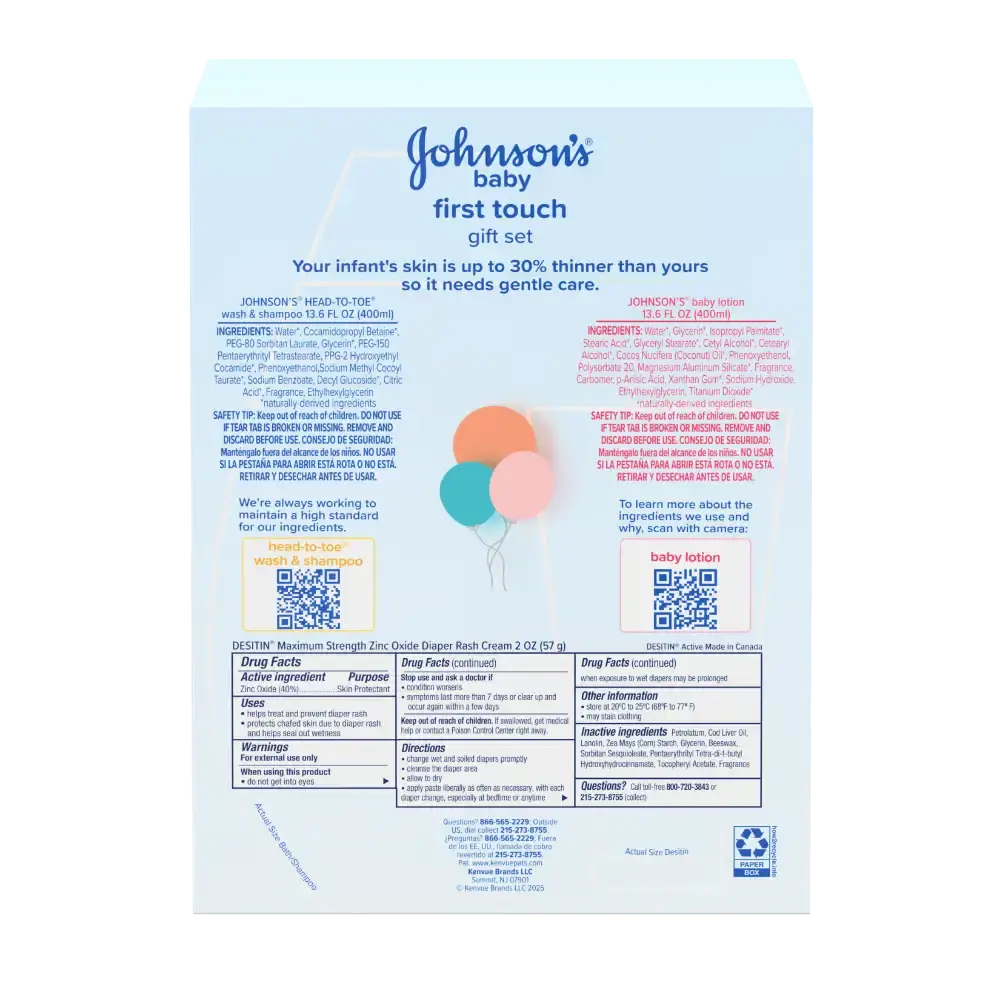 Back of Johnson's Baby First Touch Gift Set showing ingredient details and safety information for Head-to-Toe Wash & Shampoo and Baby Lotion.