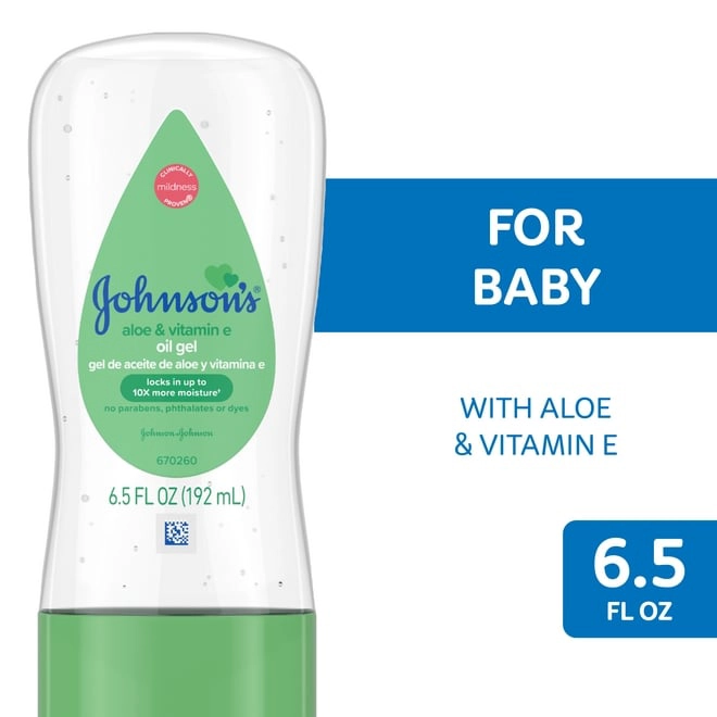 Johnson's Baby Aloe & Vitamin E oil gel, 6.5 FL OZ, for baby, with no parabens, phthalates, or dyes.