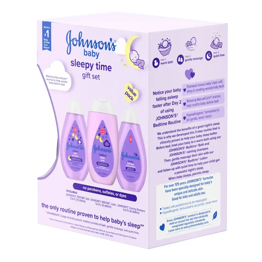 Front view of Johnson's Baby Sleepy Time Gift Set packaging featuring Bedtime Lotion, Bath, and Calming Shampoo with usage tips.