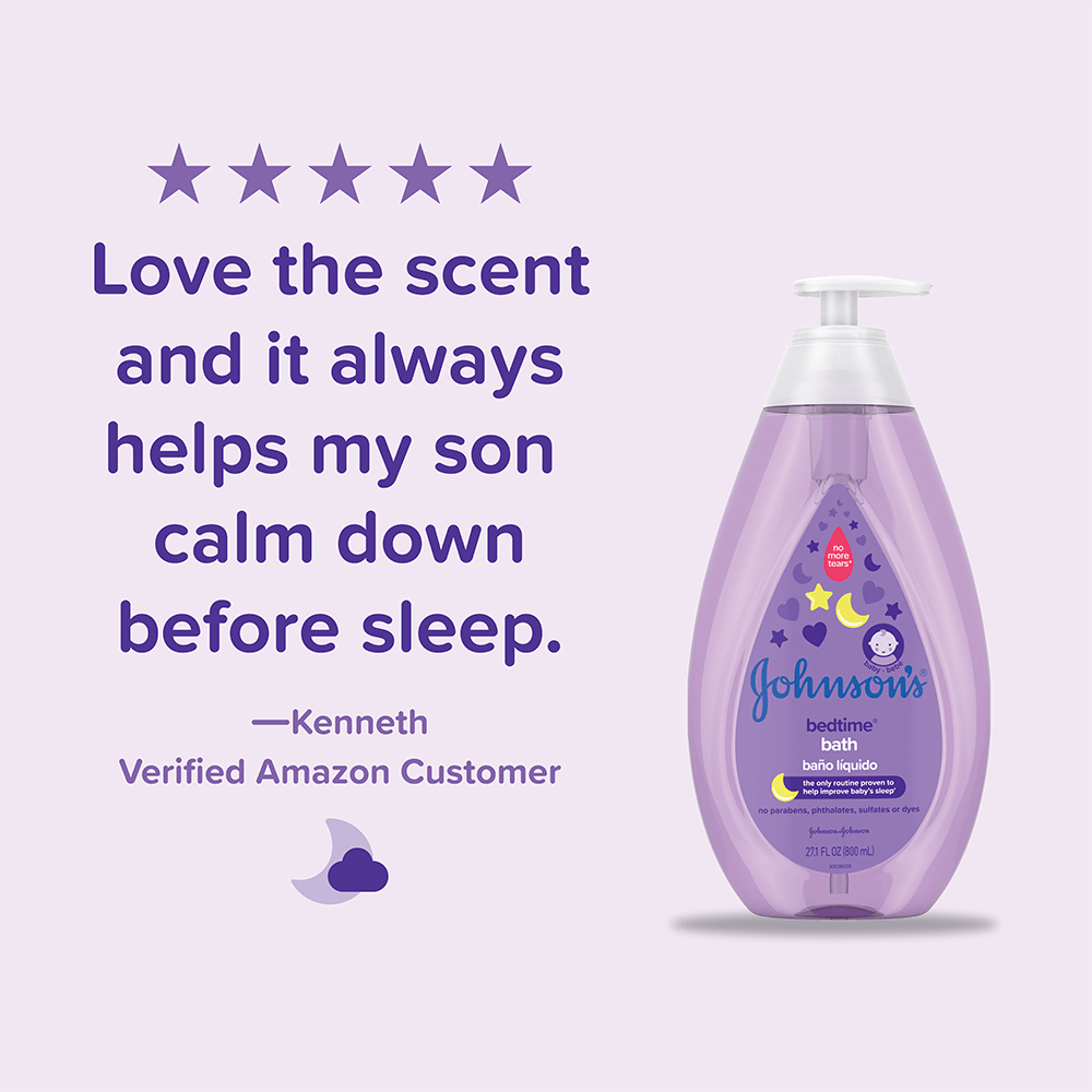 Customer review stating 'Love the scent and it always helps my son calm down before sleep' with 5 stars rating and a Johnson's Bedtime Bath bottle.