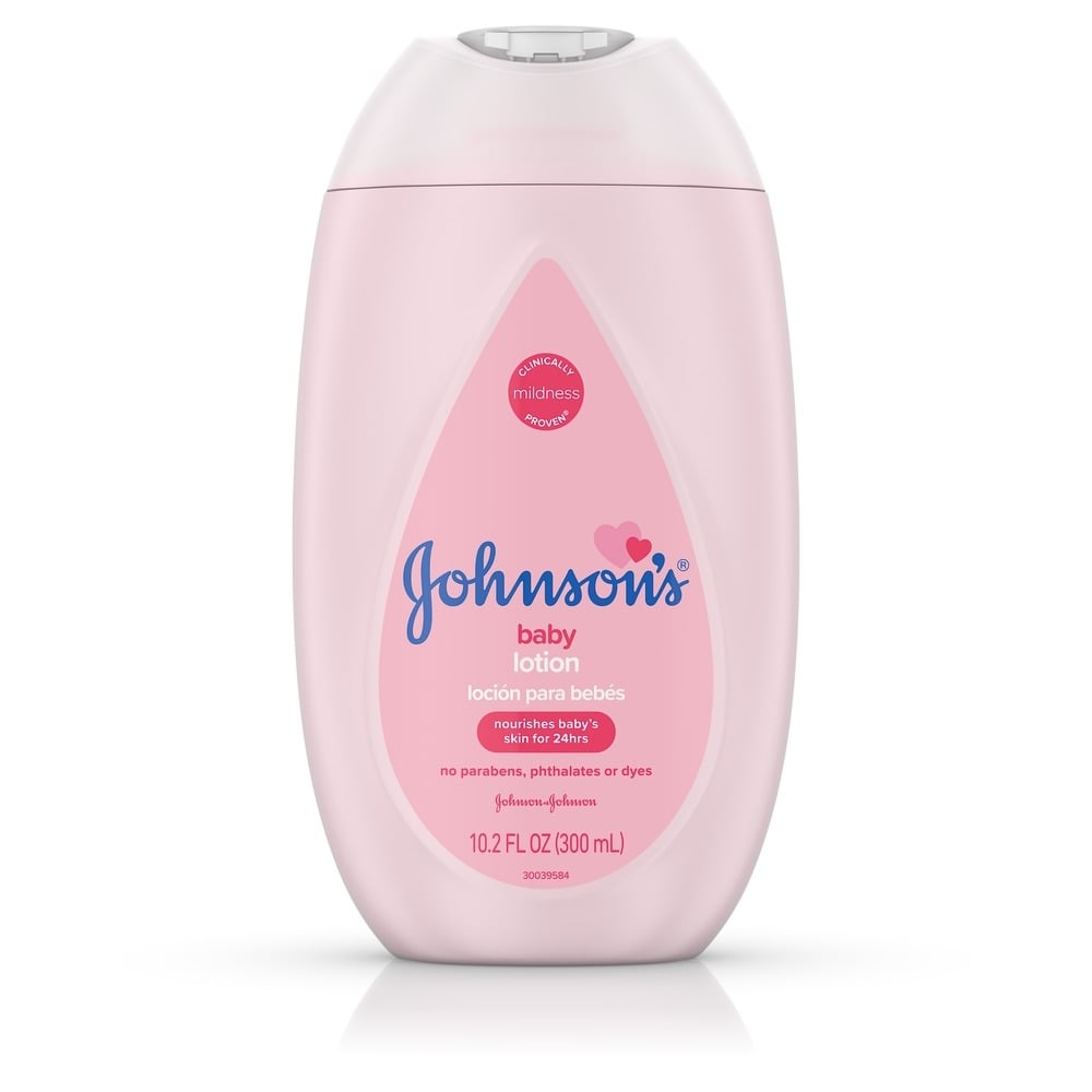 Pink bottle of Johnson's baby lotion, 10.2 fl oz (300 ml), labeled to nourish baby's skin for 24 hours with no parabens, phthalates, or dyes.