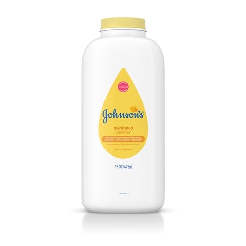 A white bottle labeled "Johnson's Baby Powder" with a yellow cap and text reading "Trusted since 1894, Soothes and Freshens, Pure Cornstarch Powder, 200g". The bottle is against a plain white background.