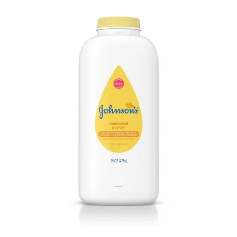 A white bottle labeled "Johnson's Baby Powder" with a yellow cap and text reading "Trusted since 1894, Soothes and Freshens, Pure Cornstarch Powder, 200g". The bottle is against a plain white background.
