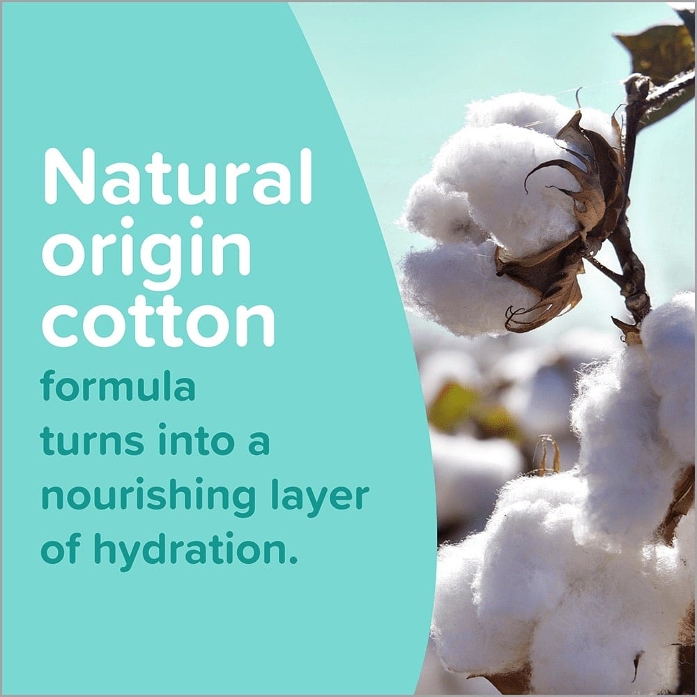 Close-up of cotton plant with text stating 'Natural origin cotton formula turns into a nourishing layer of hydration'.