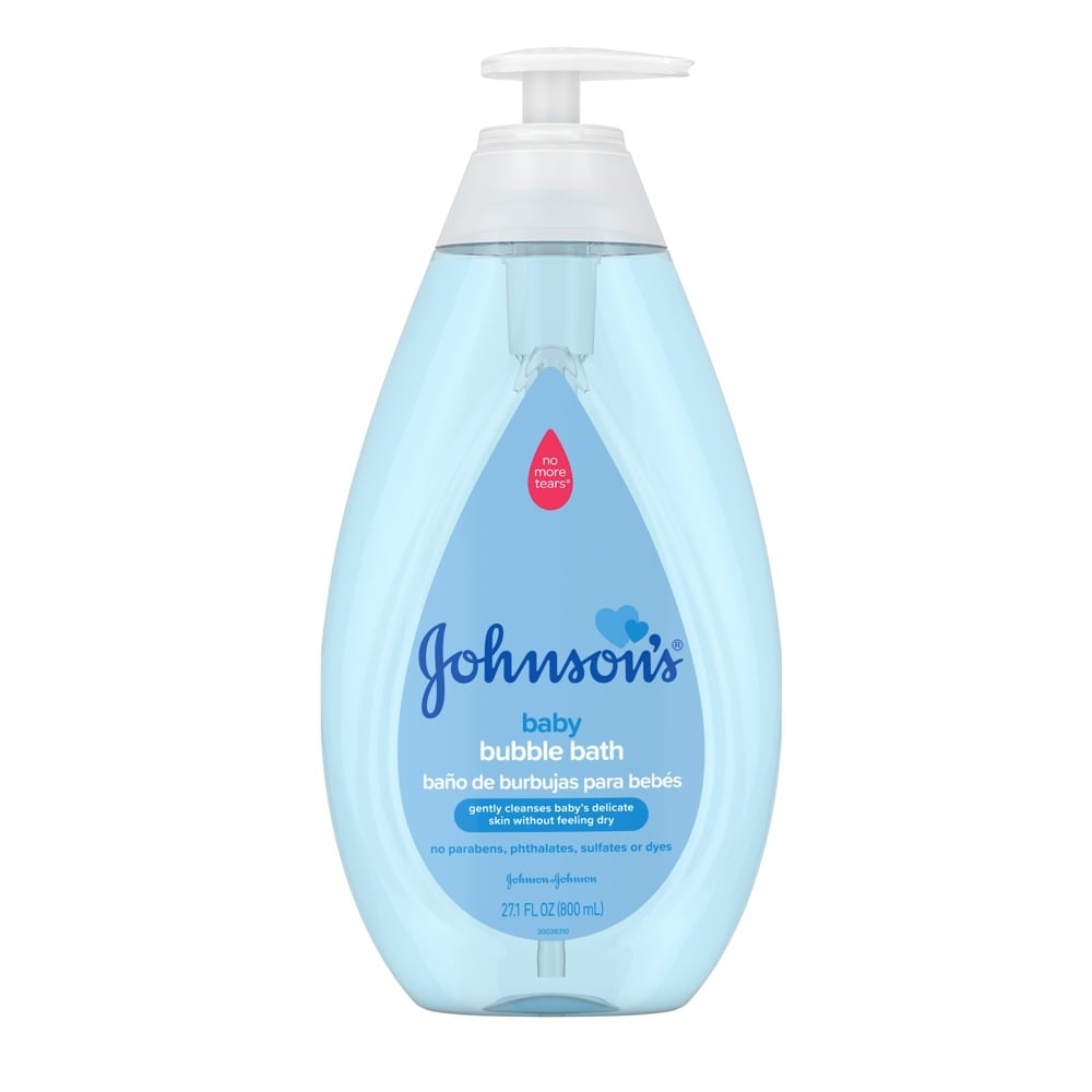 A bottle of Johnson's baby bubble bath with a blue liquid is shown against a white background.