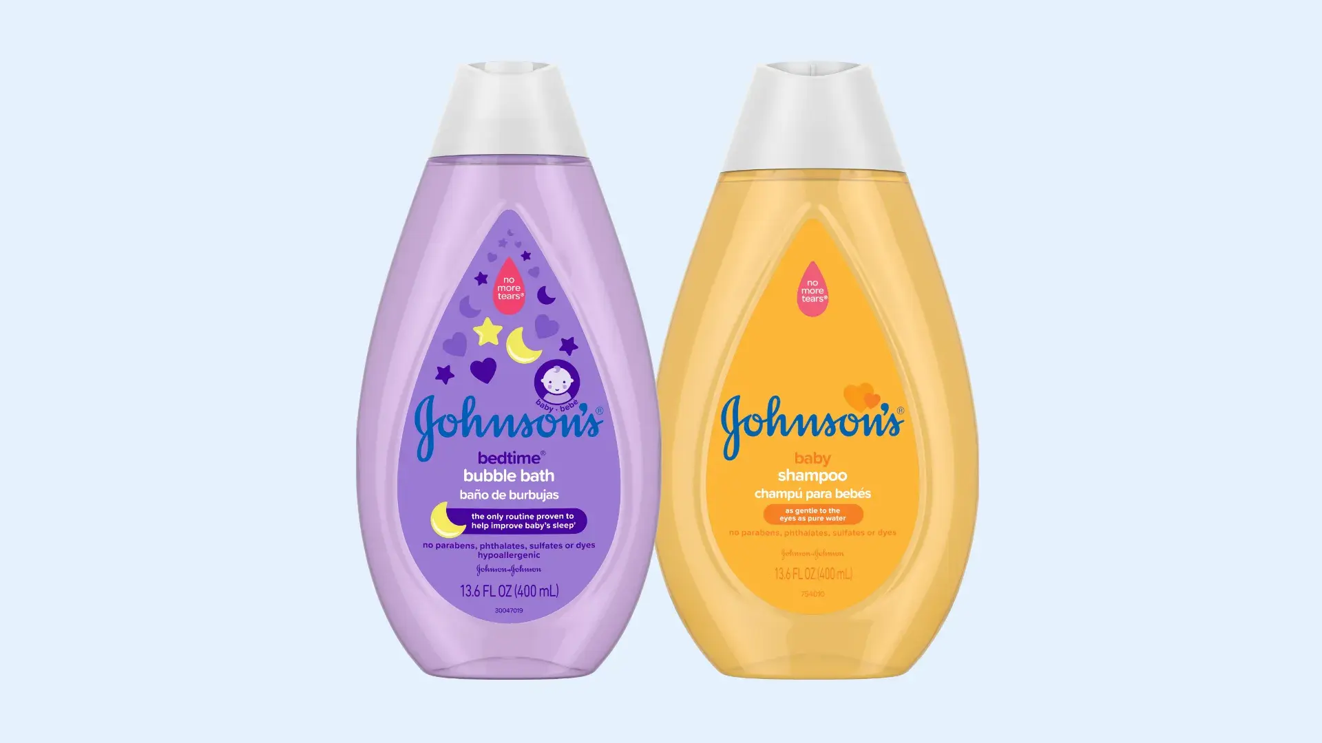 Johnson's Baby Bedtime Bubble Bath in a purple bottle and Johnson's Baby Shampoo in an orange bottle, both 13.6 fl oz (400 ml).