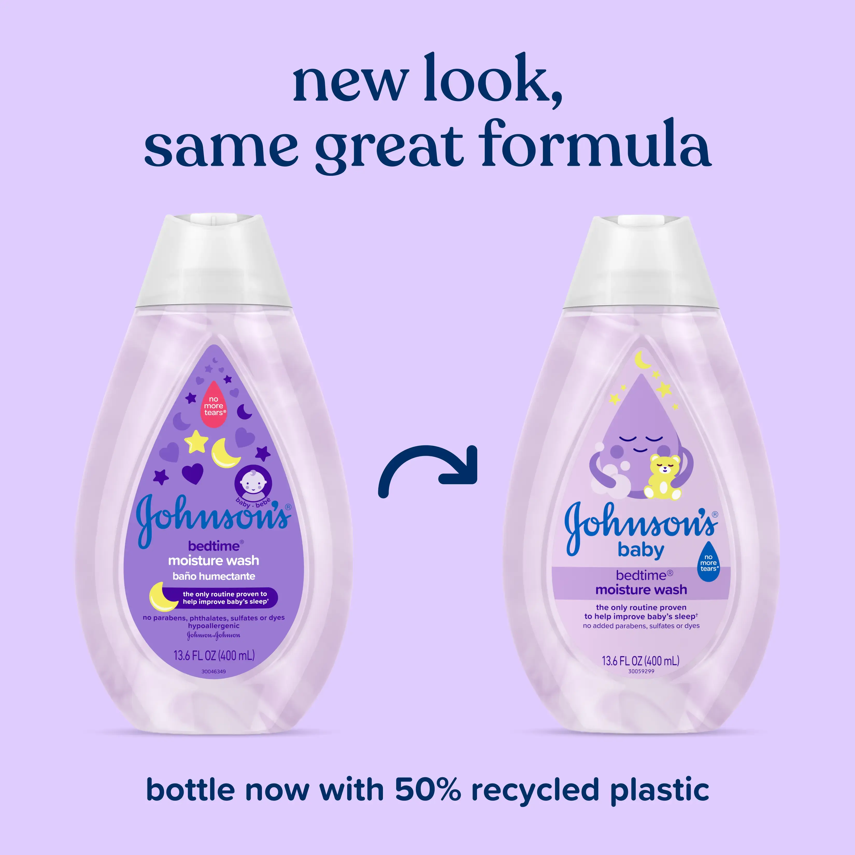 New packaging design comparison of Johnson's bedtime baby moisture wash bottles.