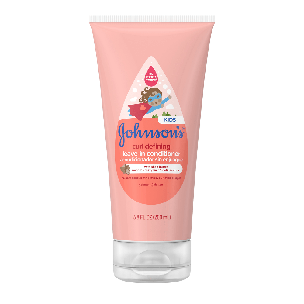 Johnson's Baby Kids Curl Defining Leave-In Conditioner, 6.8 fl oz, pink tube with infant superhero illustration.